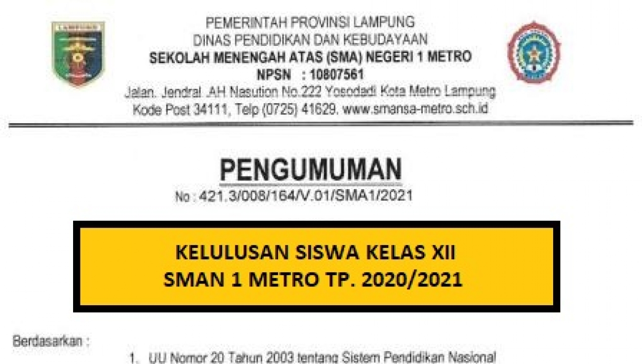 Pengumuman Kelulusan Siswa Kelas XII SMAN 1 Metro TP. 2020/2021
