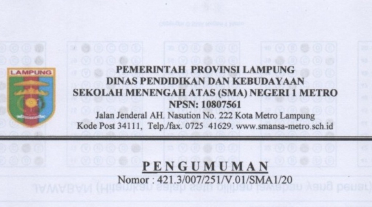 Pengumuman Bagi Siswa kelas X / Peserta Didik Baru SMAN 1 Metro TP. 2020/2021
