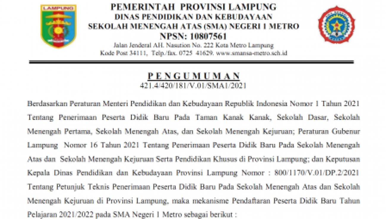 Pengumuman Pendaftaran Peserta Didik Baru TP 2021/2022 SMAN 1 Metro