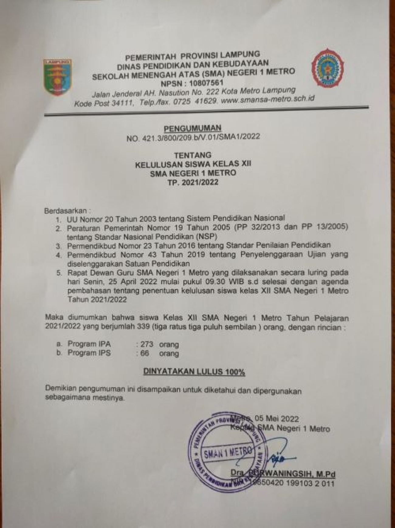 PENGUMUMAN KELULUSAN SISWA KELAS XII SMAN 1 METRO TP. 2021/2022