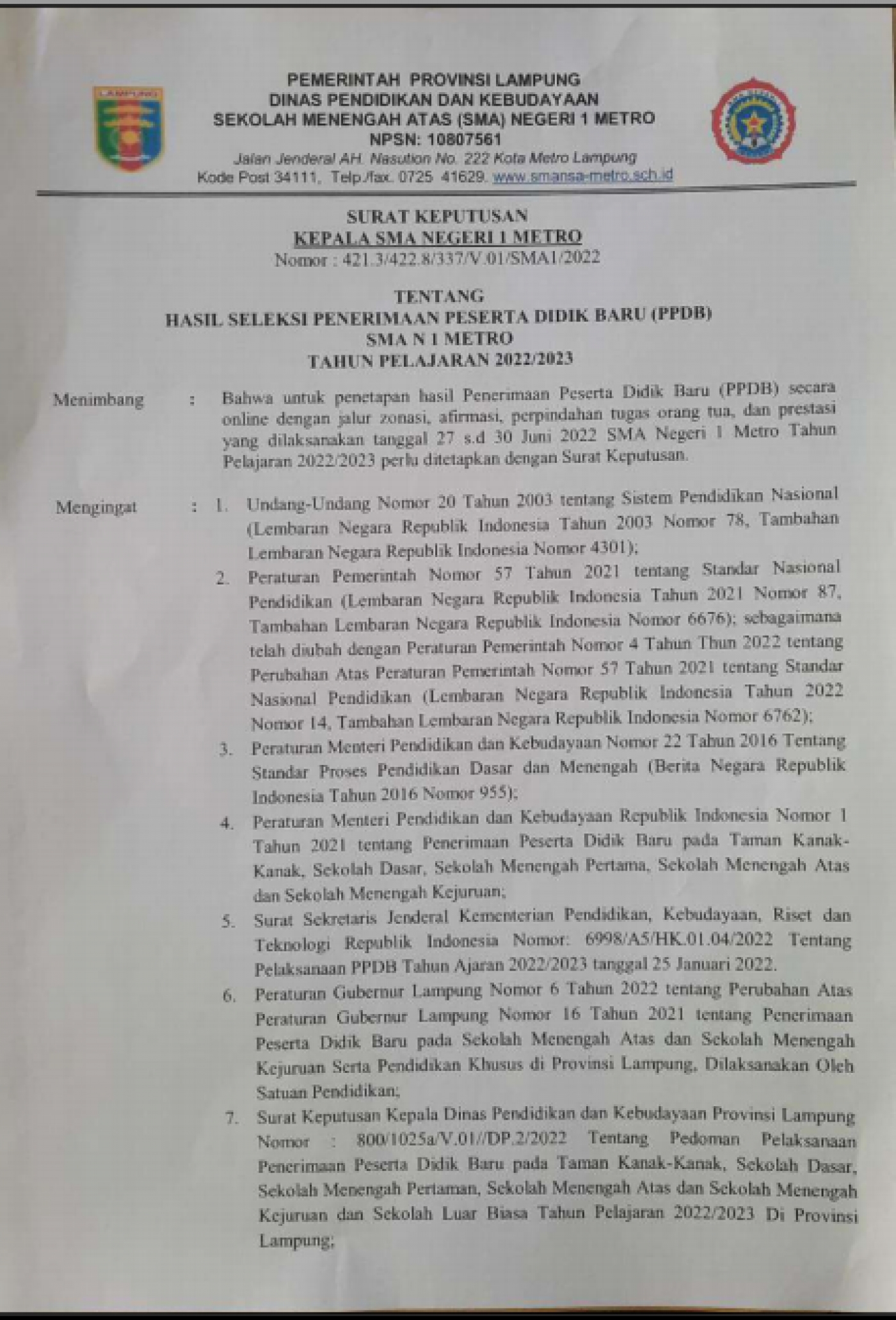 Hasil Seleksi Penerimaan Peserta Didik Baru SMAN 1 Metro TP 2022/2023