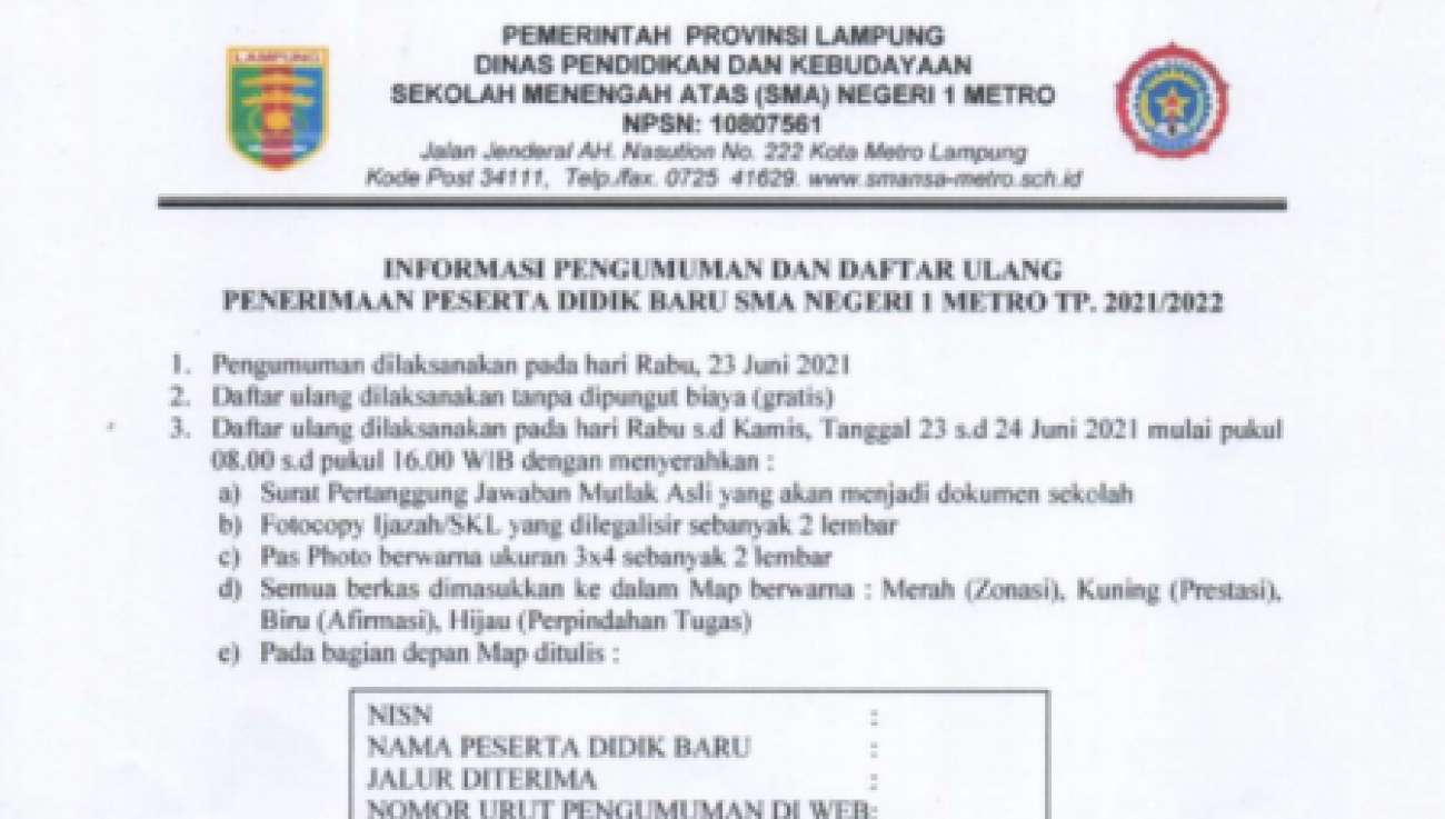 Pengumuman Penetapan Hasil Seleksi Dan Informasi Daftar Ulang PPDB SMAN 1 Metro