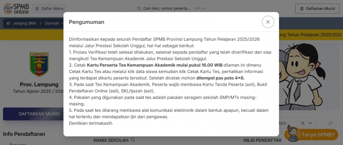 Pengumuman TKA SPMB 2025