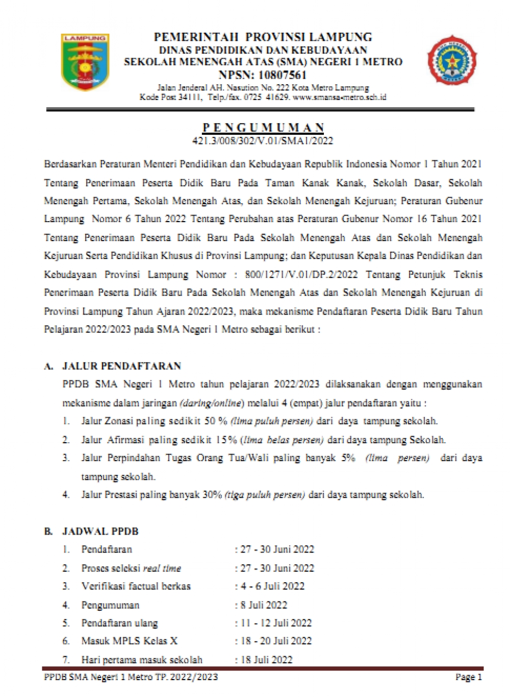 Pengumuman Penerimaan Peserta Didik Baru TP. 2022/2023